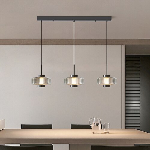 Minimalistische runde Pendelleuchte, dimmbare LED-Hängelampe (1/3 Leuchtmittel) für Schlafzimmer, Wohnzimmer, Wohnbereich, Glas, Metall, schwarze Oberfläche, höhenverstellbar, 110–240 V Image