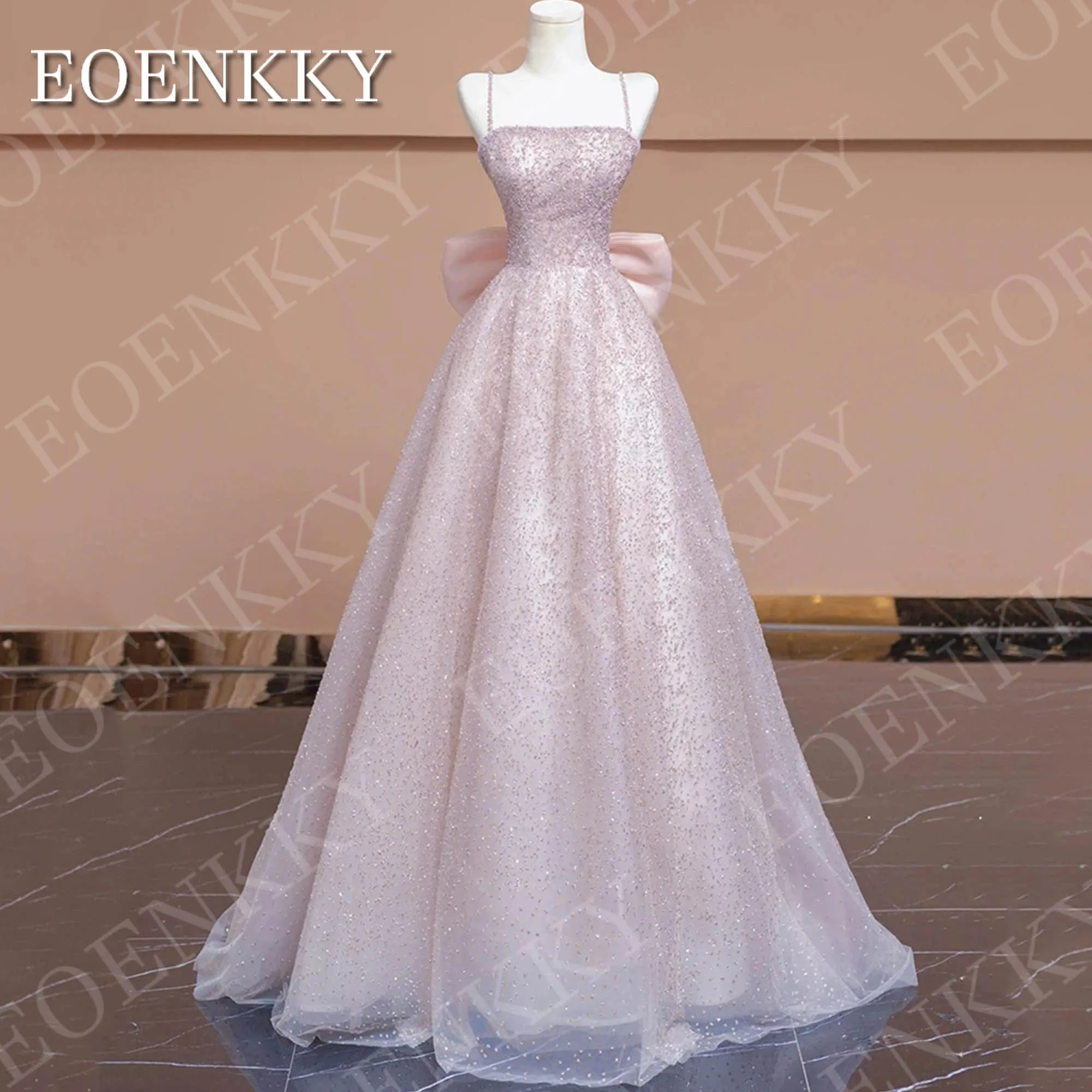 EOENKKY Ballkleider glitzernde Prinzessin elegantes rosa Tüll-Spaghettiträger-A-Linien-Bankettkleid maßgeschneidert Prom Kleider funkelnde Prinzessin elegante rosa Tüll Spaghetti Armband eine Linie