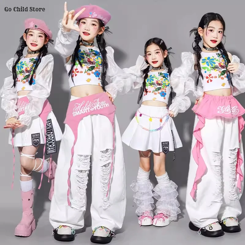 Mädchen K-Pop Elegantes Crop-Top Zerrissene Hose Kinder Hip-Hop Streetdance Röcke Kleidungsset Mädchen-Gruppen Streetwear Weißes Kostüm