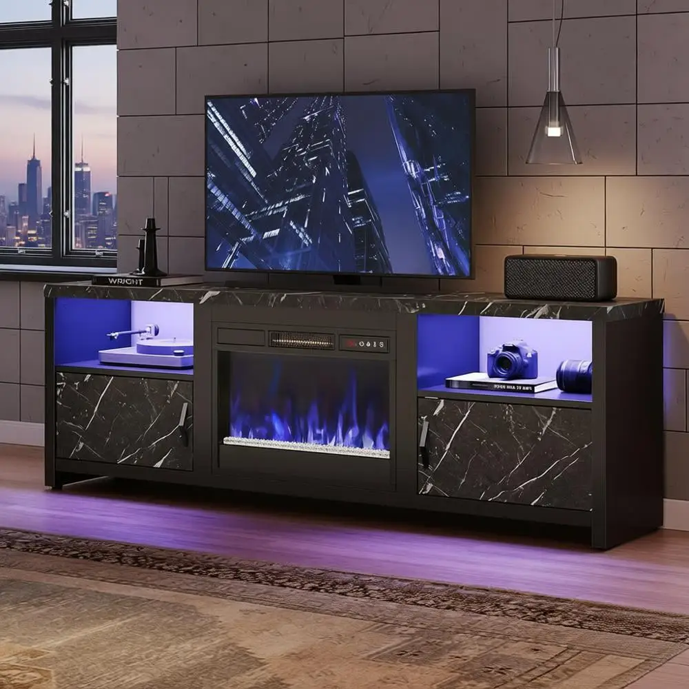 Elektrischer Kamin-TV-Ständer aus schwarzem Marmor für 70-Zoll-Fernseher, Entertainment-Center mit LED-Beleuchtung, Stauraum und Kabelmanagement Image