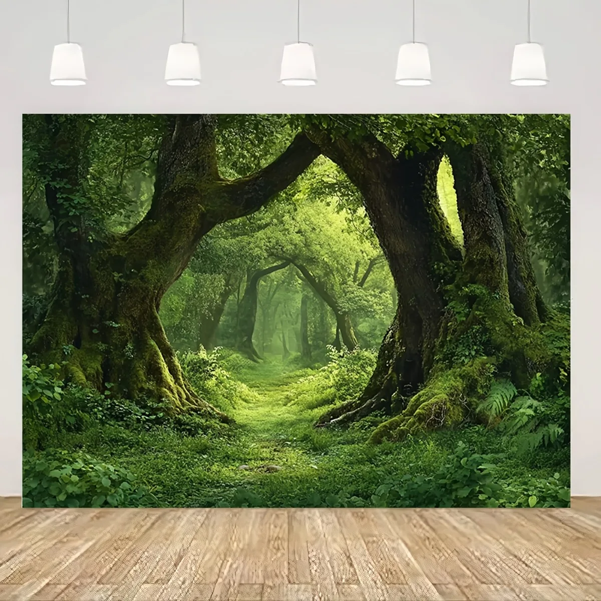 Ein übergroßer magischer Waldteppich – realistischer 3D-Stil mit einem sonnigen Waldweg und üppigem grünen Blätterhintergrund Image