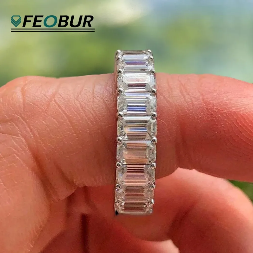 FEOBUR 2 x 4 mm Smaragdschliff, komplett aus Moissanit, Ehering für Damen, Baguette, Labordiamant, Ewigkeitsband, 925er Sterlingsilber, Schmuck Image