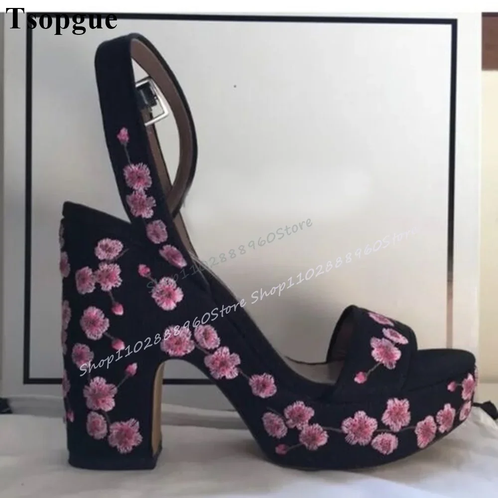 Schwarz Sticken Blume Plattform Sandalen Chunky High Heel Frauen Schuhe Knöchel Schnalle Offene spitze 2025, Sexy Zapatos Para Mujere