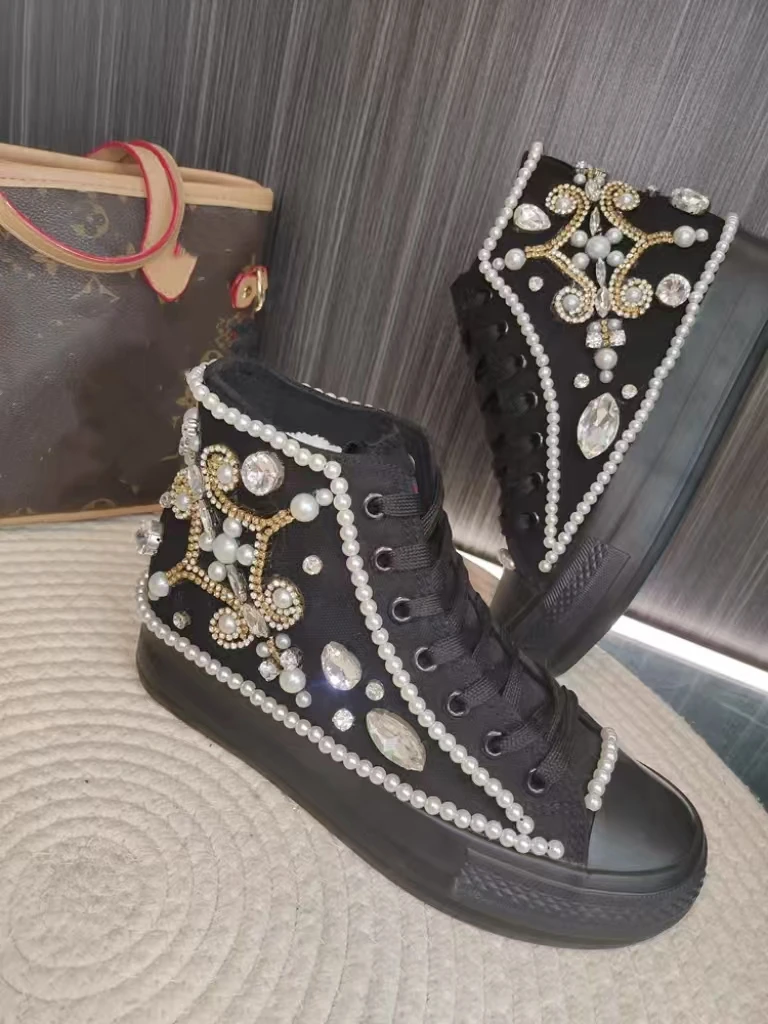 Luxuriöse Canvas-Schuhe mit Strass-Perlen und Juwelen, handgefertigt, schwarz, große Größe, lässige Sport-Damenschuhe 35–40