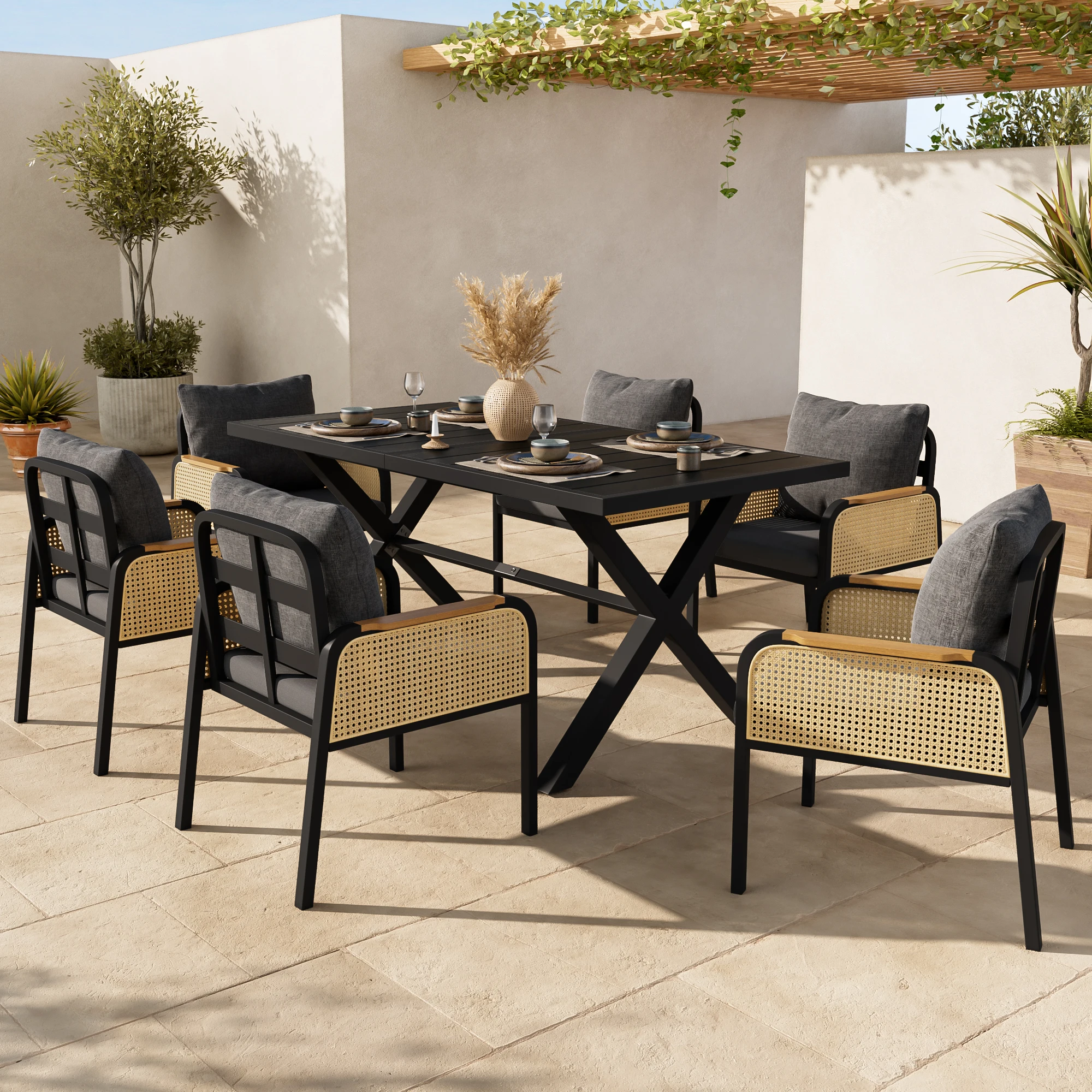 7-tlg Outdoor Sofa Set mit Tisch & 6 Stühlen, Gartenmöbel Set mit Kissen, Metallgestell & Rattan-Armlehnen