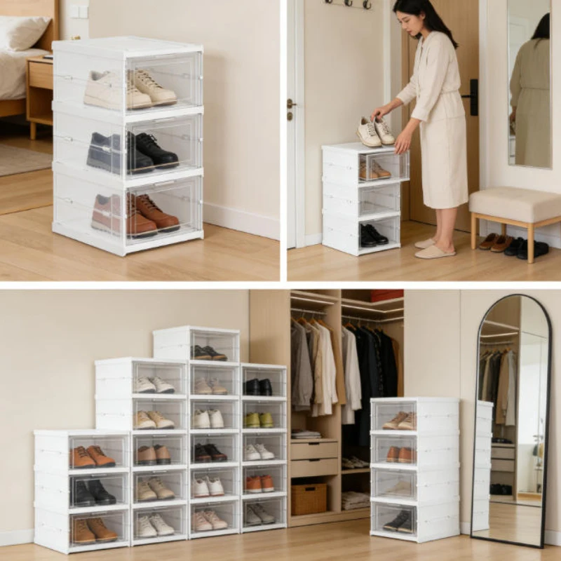 3-lagige faltbare Schuhaufbewahrungsbox, transparenter Sneaker-Behälter, stapelbar, staubdicht, Schuhschrank, Schuh-Organizer, Regal für Zuhause