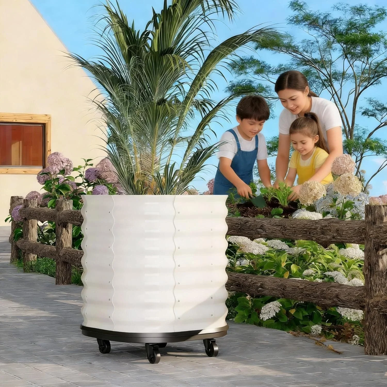 Rundes Verzinktes Hochbeet mit Rädern Pflanzkasten Mobiles Hochbeet für Gemüse Blumen Kräuter Image