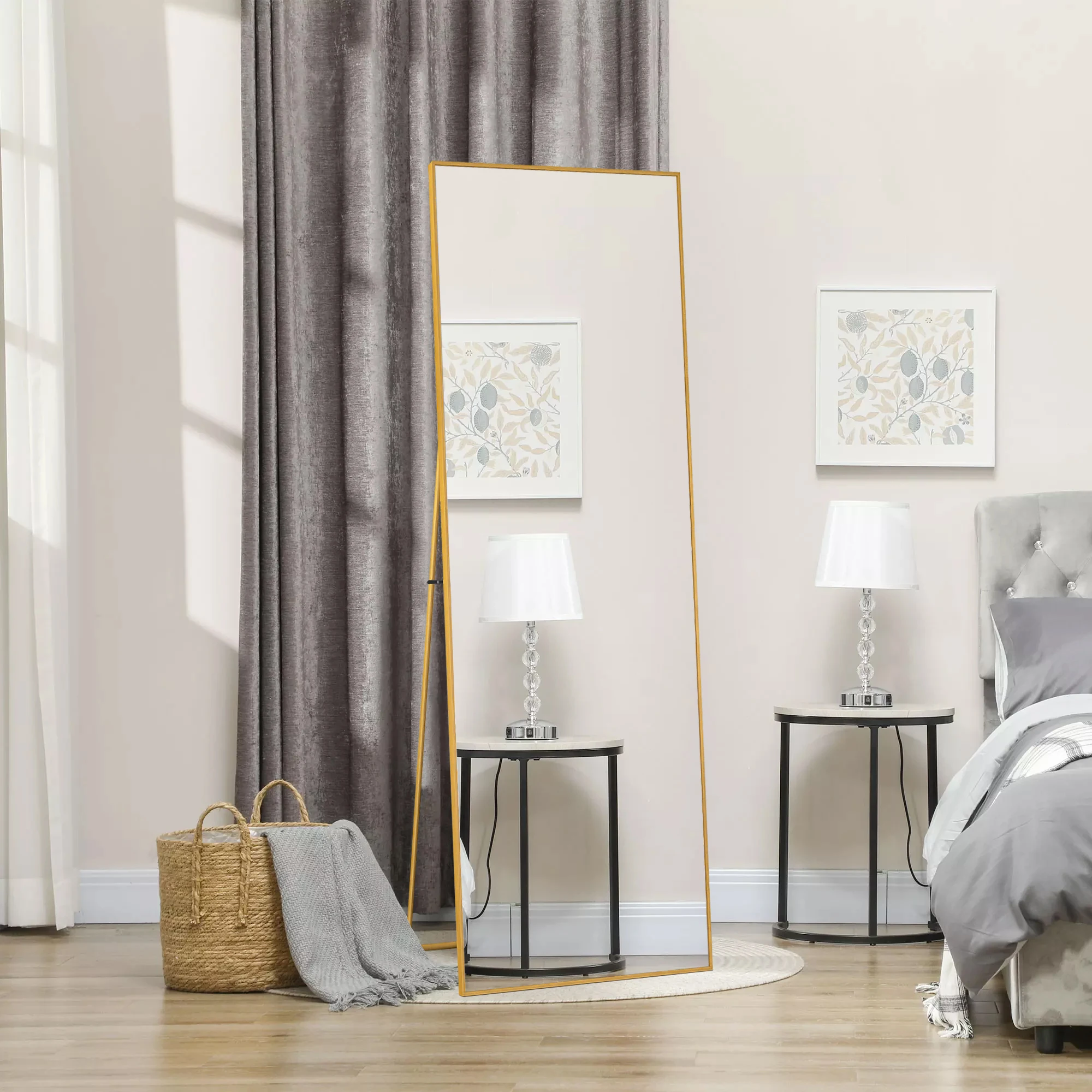 Lazyspace Dekorativer Spiegel mit Goldenem Metallrahmen, Standspiegel, Großer Wandspiegel mit Haken für Wohnzimmer Ankleideraum