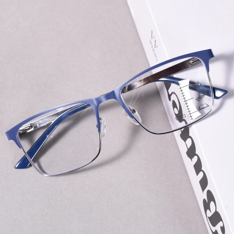 Blaue Zweifarbige Fassung Progressive Multifokale Lesebrille Anti-Blaulicht Weitsichtbrille Herren Große Vollrand-Business-Brille Image