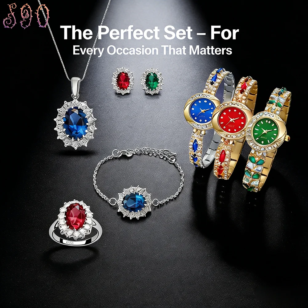 Set di Gioielli in Argento Sterling 925 con Cristalli e Gemme per Donna: Orologio, Collana, Orecchini, Bracciale e Anello per Matrimoni e Feste