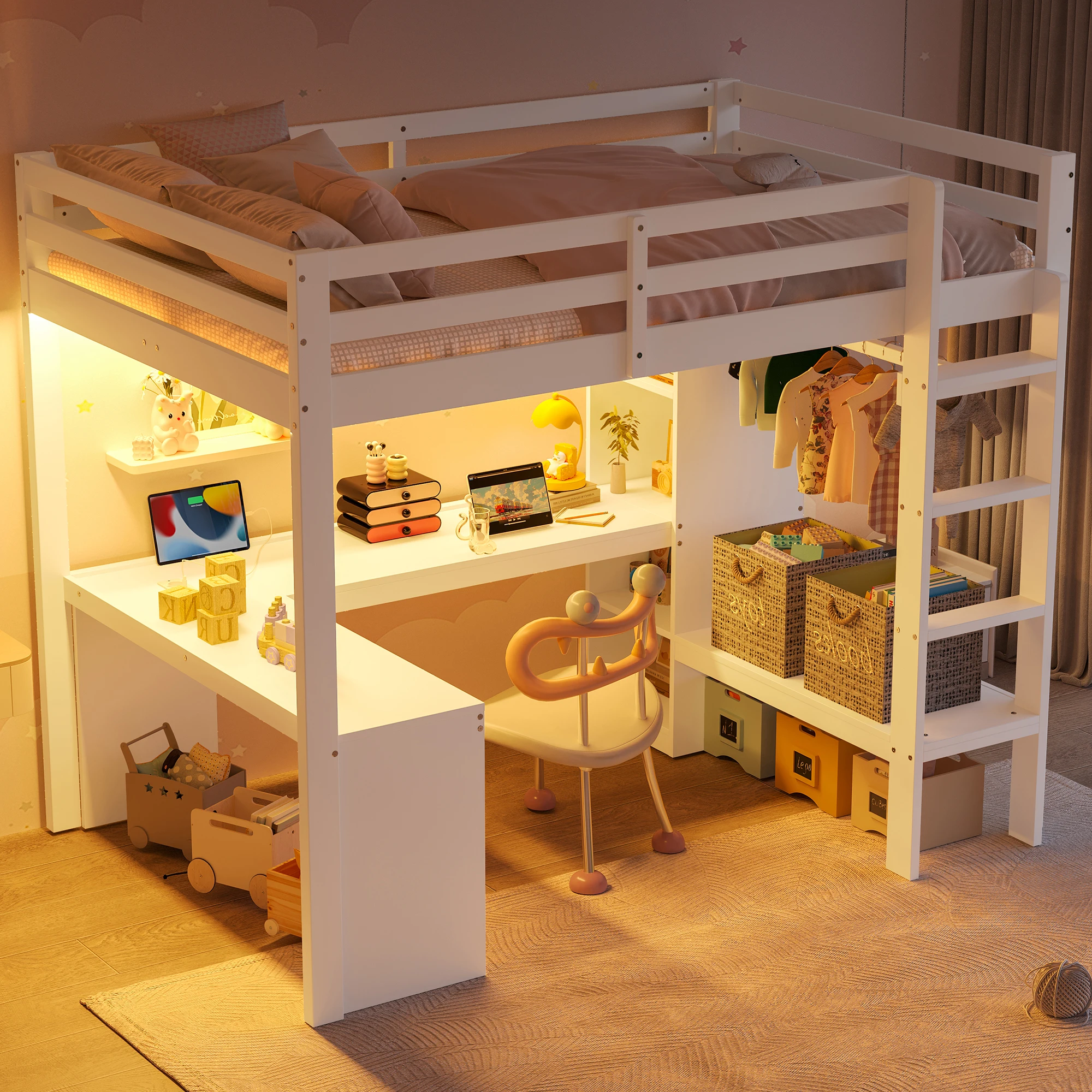140x200 Hochbett, multifunktionales Regal, Nachttisch, LED-Licht und USB, für Kinder und Jugendliche, Weiß, Kiefer