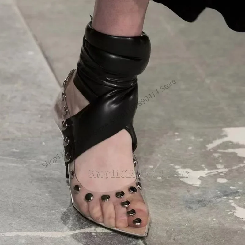 Nieten Dekor PVC Spitz Schwarz Gürtel Schnur Pumpen Zurück Strap Frauen Schuhe Dünne High Heels Sexy Mode 2025, Zapatos Para Mujere