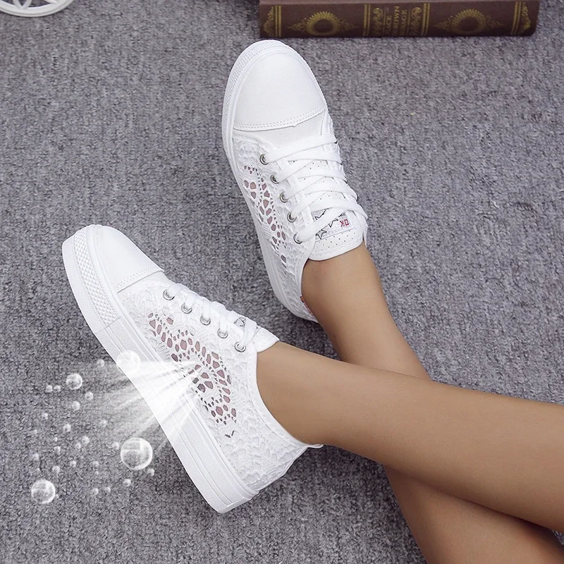 Frauen Schuhe Mode Sommer Casual Weiße Schuhe Ausschnitte Spitze Leinwand Hohl Atmungsaktive Plattform Flache Schuhe Frau Turnschuhe Image