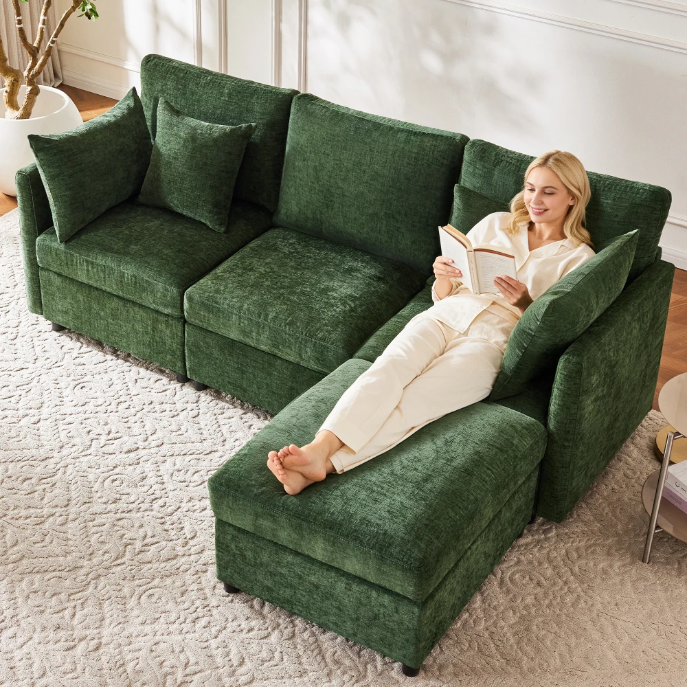 Modernes Grünes L-förmiges Modulares Ecksofa Konvertierbares Sofa mit Beweglichem Ottoman & 4 Chenille-Kissen Komfortables Akzent-Sofa