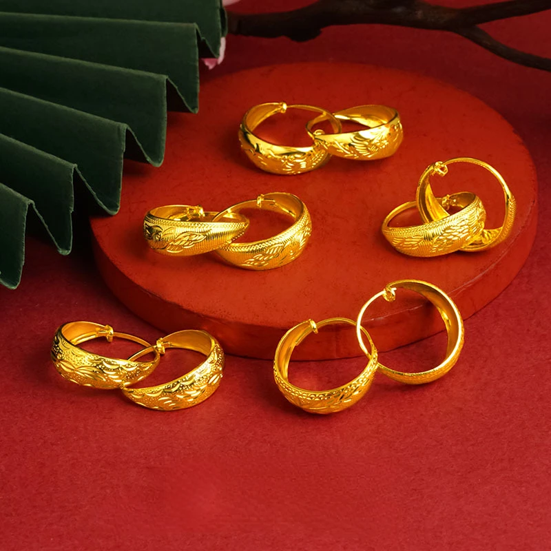 Niemals verblassender klassischer Lotus-Taschen-Drachen-Phoenix-Ohrring, klassisches chinesisches Muster-Set für Frauen, Bling-Ohrring aus 14-karätigem Gold für Frauen