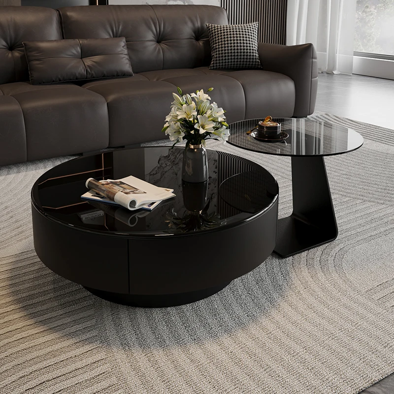 Italienische Luxus-Couchtische in Schwarz, glänzend, rund, für Wohnzimmer, modernes Couchtisch-Set, einfache Wohnmöbel aus gehärtetem Glas, FYCT