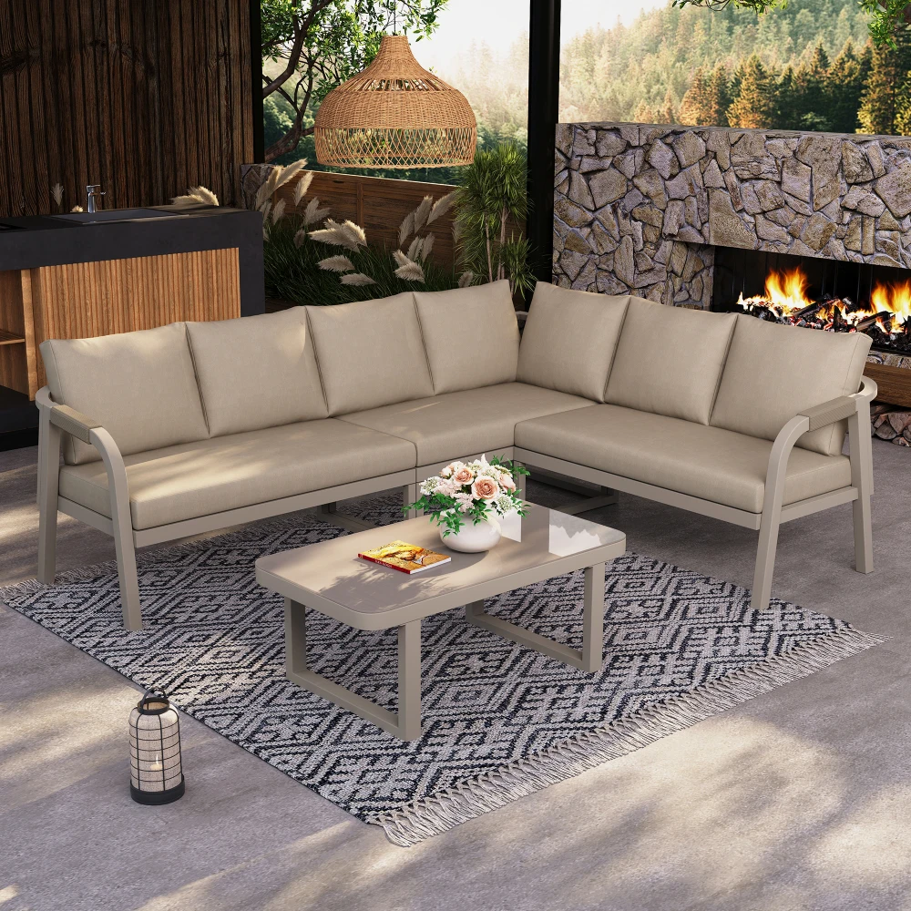 6-Sitzer Eck-Gartenmöbel-Set Geflochtene Armlehnen Verzinkter Stahl Terrassen-Sofa mit Kaffeetisch Wetterfeste Outdoor-Möbel