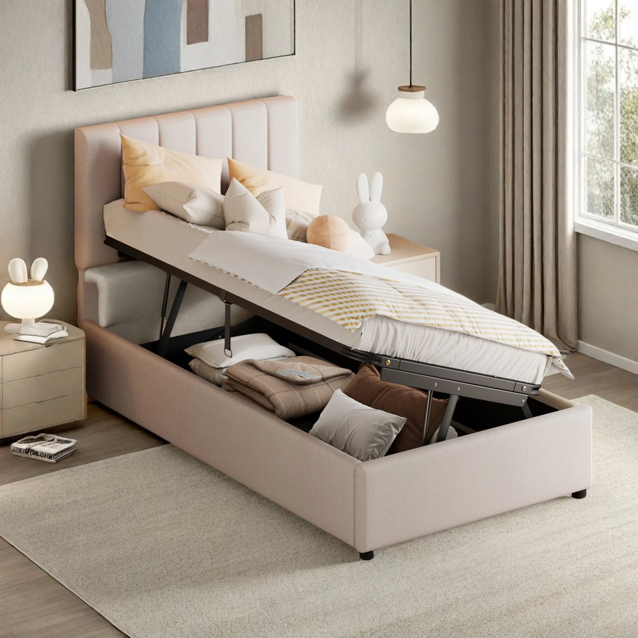 Superaly 90x200cm Kinderbett, Polsterbett, hydraulisches Bett mit Stauraum, Leinen-Hochbett Einzelbett, Bettgestell, Beige Image