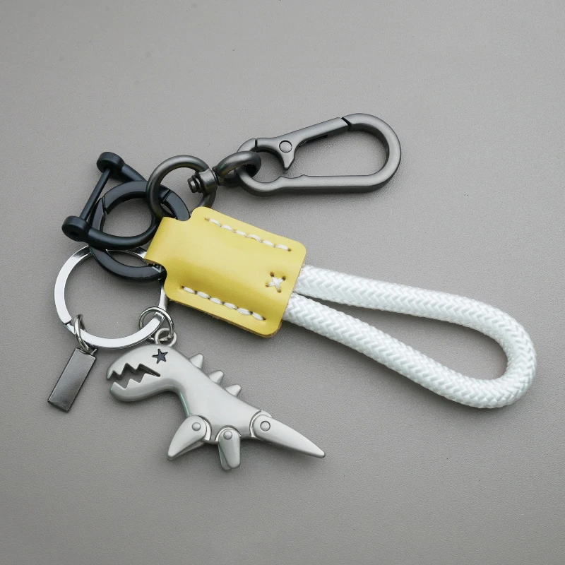 Benutzerdefinierte Name Cartoon Leder Geflecht Seil Metall Dinosaurier Schlüsselanhänger personalisieren Logo Nummer Auto Schlüsselanhänger Ring Tasche Schlüsselanhänger Anhänger Image
