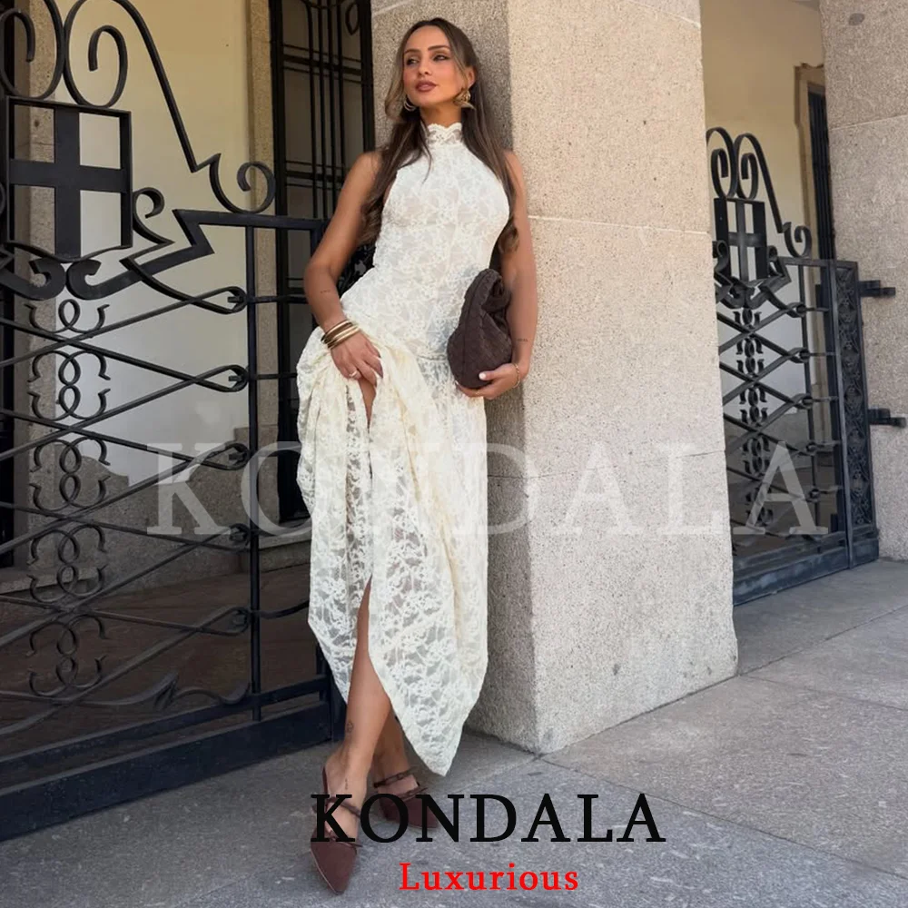 KONDALA Vintage Chic Beige Spitzen-Urlaubskleid für Damen, O-Ausschnitt, ärmellos, lockeres Strandkleid, Mode 2026 Frühling Sommer Elegantes Kleid