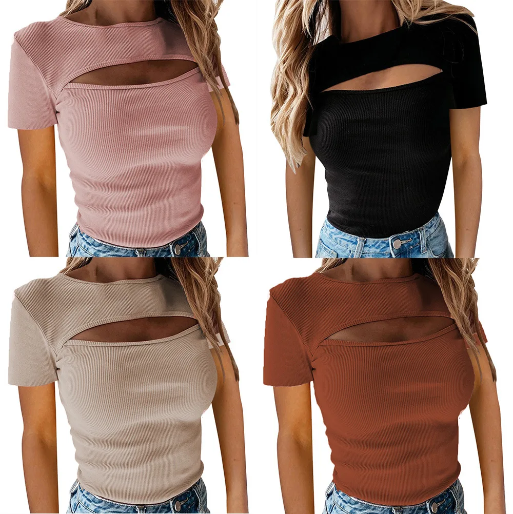 Sexy, hohles, kurzärmliges, geripptes Oberteil auf der Brust für Damenmode und sexy Brustdisplay Image