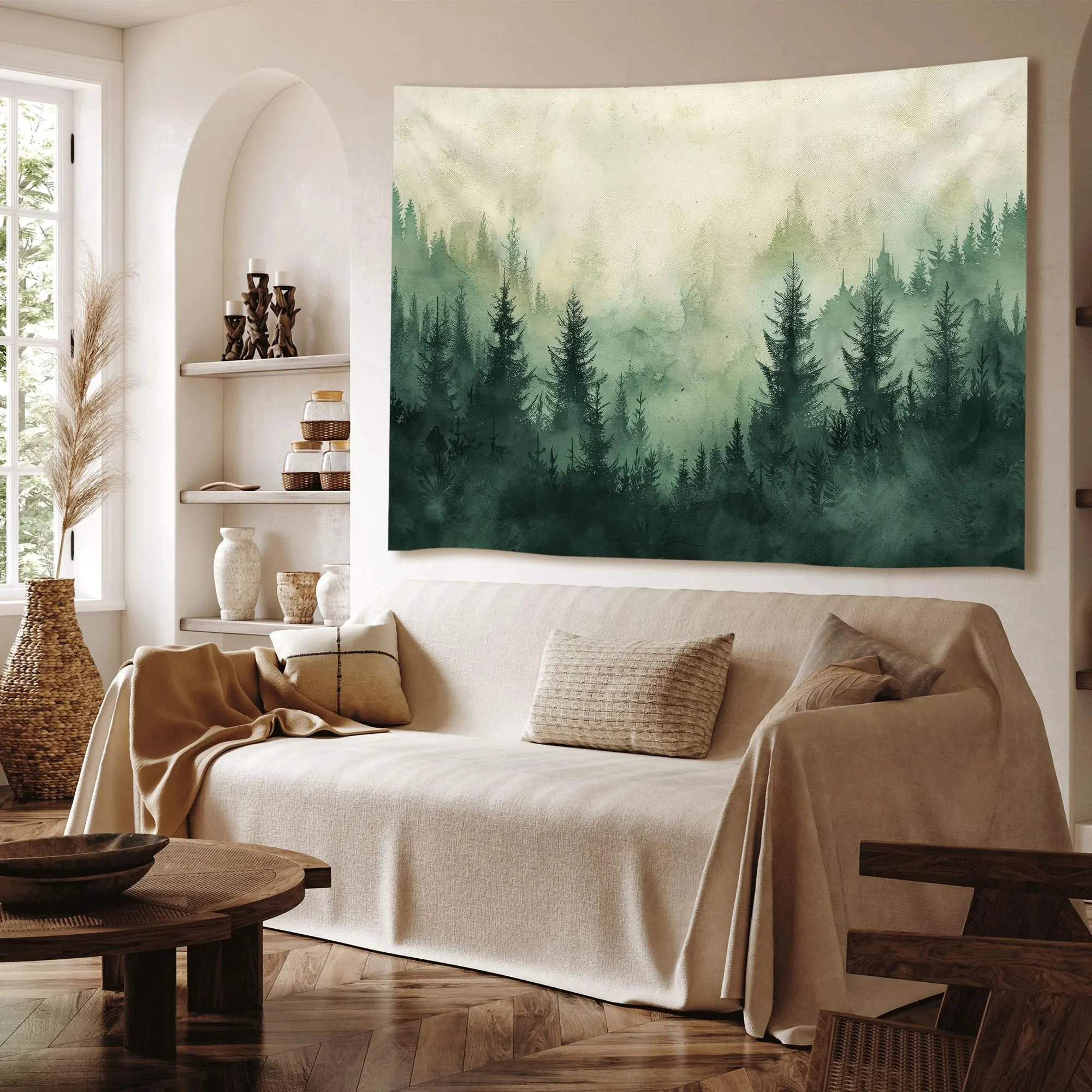 1 Stück Aquarell Grüner Wald Boho Wandteppich Nebeliger Gebirgslandschaft Wandbehang für Wohnzimmerdekoration