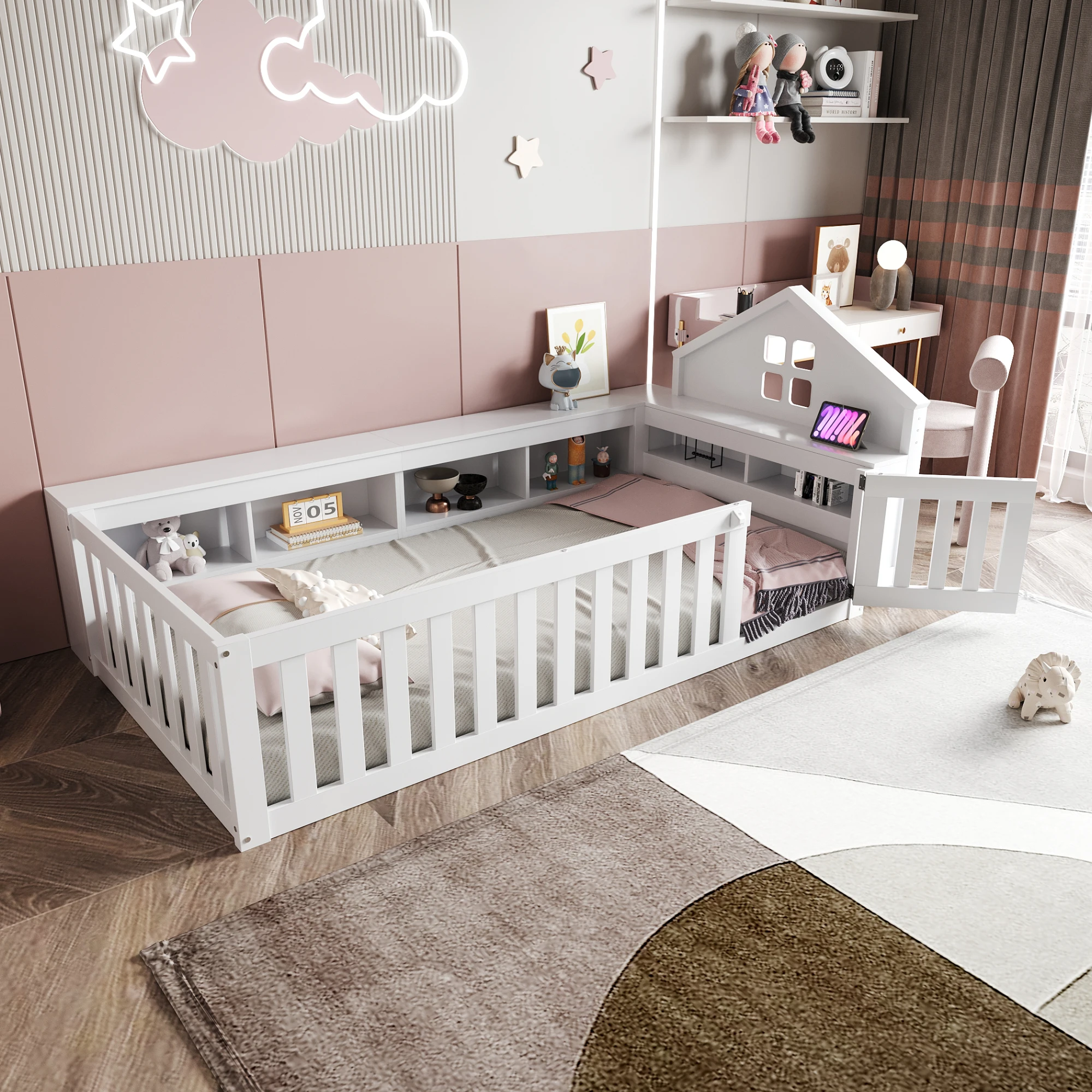 Kinderbett 90x200 mit Dachleiste, Staufach und Sicherheitsgitter, Weiß
