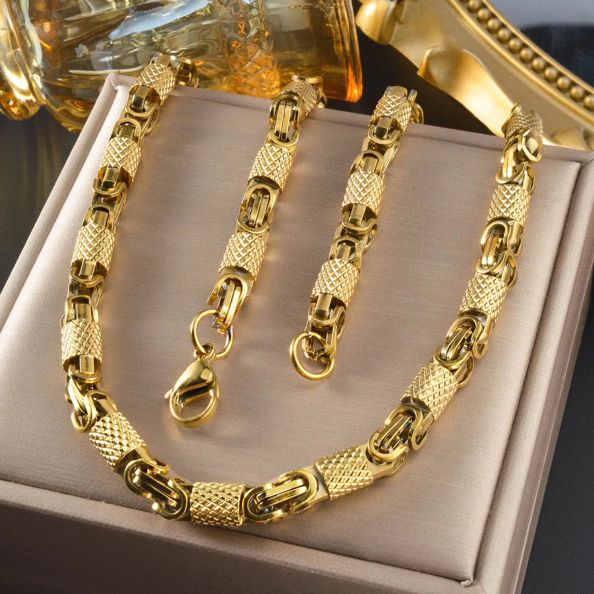 Herren Vintage Punk Strukturierte Zylinder-Gliederkette 18K Vergoldeter Edelstahl Zweifarbig Gold Silber Hip-Hop Schmuck für den Alltag Image