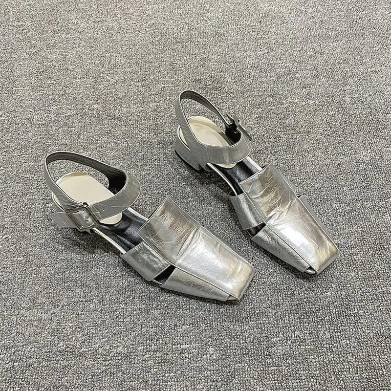 Sommer Aushöhlen Frauen Sandalen Silber Chunky Pumps Luxus Design Schnalle Slingback Gladiator Rom Schuhe Zapatos De Mujer