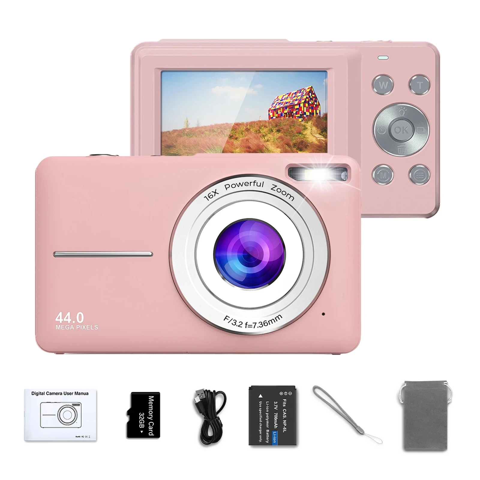 Appareil photo numérique HD 1080P, compact rechargeable de 2,4 pouces avec zoom 16x, 44MP pour enfants et filles - Appareil photo numérique portable