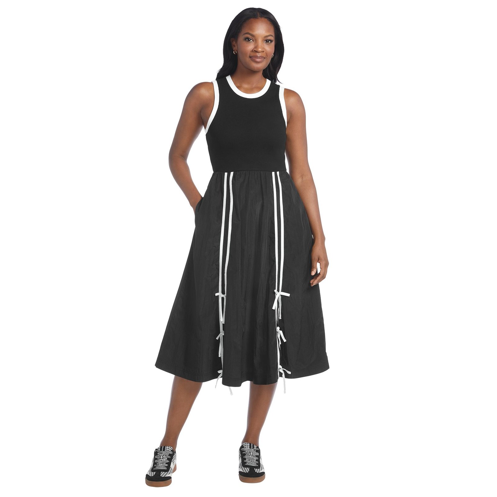 Masseys Bow Anywhere Athleisure Dress (Size L) Black/White, Cotton,Nylon,Spandex