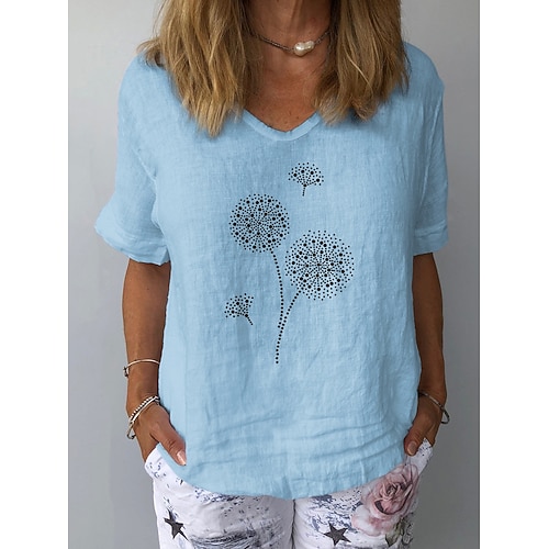 Per donna Camicie effetto lino Maglietta Stampato Grafico Dente di leone Moda Elegante Classico Manica Corta Scollo a V Top Regolari Quotidiano Uscire Weekend Bianco Giallo Blu inchiostro Grigio