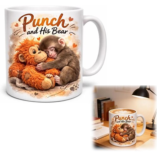 Tazza Punch And His Bear tazza Punch The Monkey Meme tazza in ceramica da 11 oz/350 ml con design di scimmiette carine regalo ispirazionale e motivazionale per famiglie amanti degli animali
