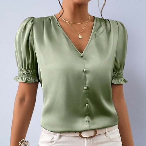 Per donna Camicia camicetta di raso Camicia elegante Tinta unica Semplice Elegante Moda Casual Manica Corta Manica a Palloncino Scollo a V Top Regolari Abbigliamento casual alla moda Ufficio Lavoro