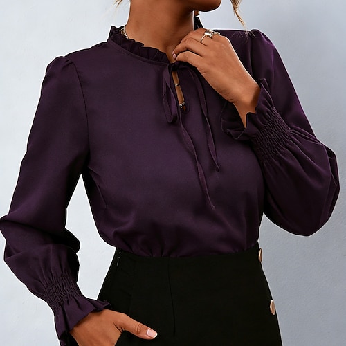 Per donna Camicia camicetta di raso Camicia elegante Tinta unica Semplice Elegante Moda Casual Manica Lunga Manica a Campana Collo alla coreana Top Regolari Quotidiano Ufficio Lavoro Viola Estate