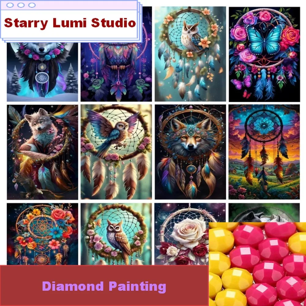 DIY Vollmosaik-Kunst Tier-Windspiel Diamant-Malerei Traumfänger Schmetterling Wolf Eule Stickerei Wanddekoration Image