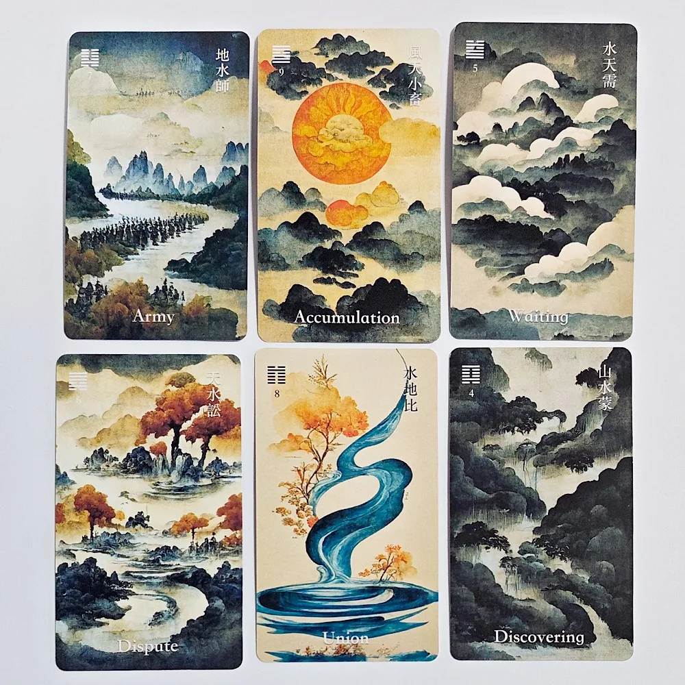 64-Karten-I-Ching-Orakel-Deck im traditionellen Tuschekunst-Stil, chinesisches Wahrsagegerät für spirituelle Führung und Meditation, 10,3 x 6 cm