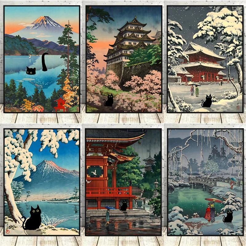 1 Stück rahmenloser Vintage-Wandkunstdruck mit lustiger schwarzer Katze, japanischer Stil im See und Wald, Leinwand-Wandkunstdruck, Poster für Wohnzimmer, Heimdekoration, Bild