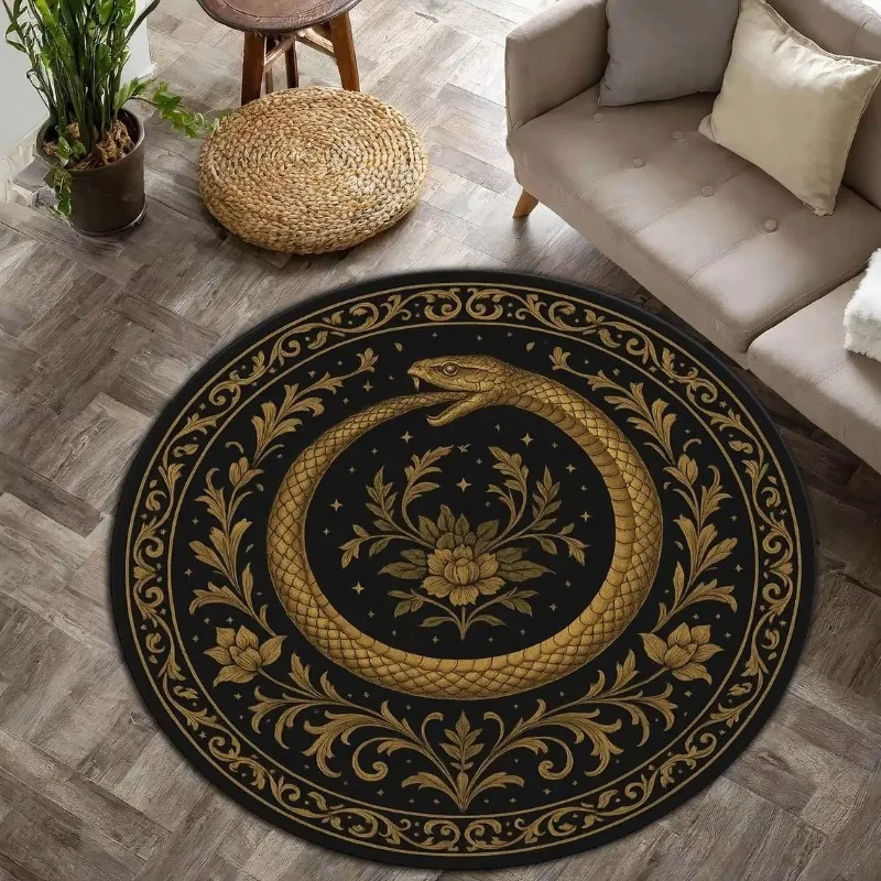 Goldener Ouroboros-Schlangen-Rundteppich, gotischer schwarz-goldener Barock-Teppich mit floralen Details, gotischer symbolischer Kreisteppich, Heimdekoration
