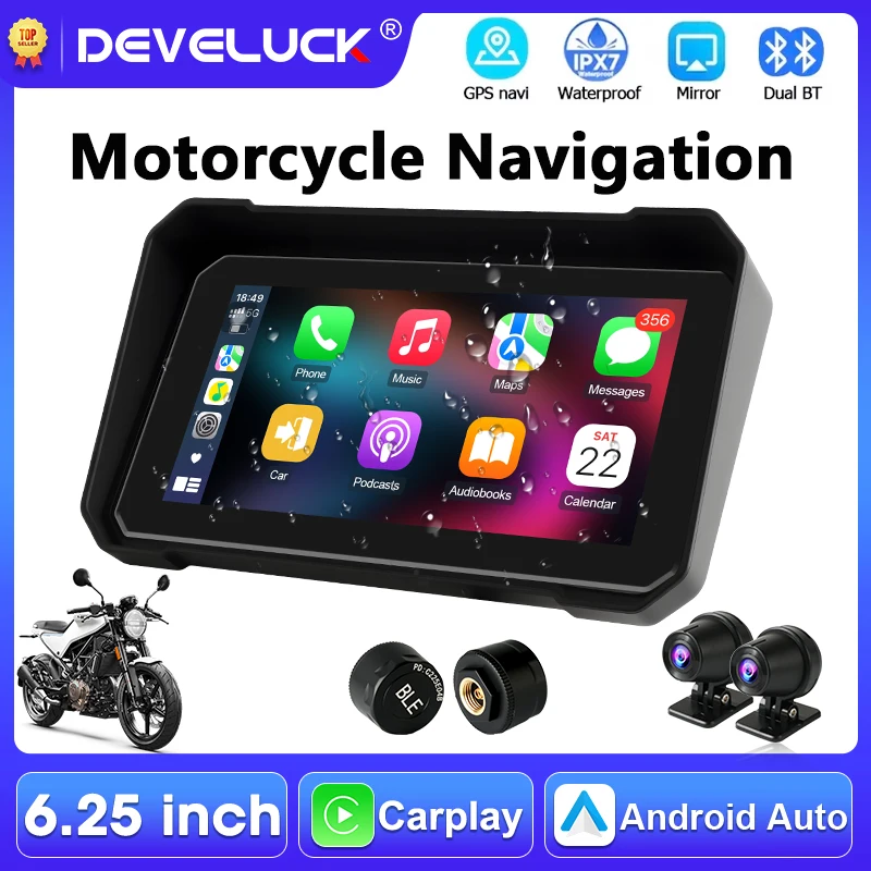 Tragbares 6,25-Zoll-Motorrad-GPS-Navigationsgerät, kabelloses CarPlay, Android Auto, Moto-Monitor, DVR, IPX7 wasserdicht, unterstützt 4K+1080P Image