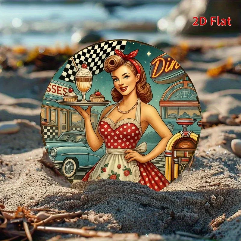 Vintage 1950er Pin-Up-Girl Diner Rundes Blechschild, Retro Rockabilly Kellnerin Dessert Klassisches Auto Jukebox Metall-Wandkunst, Rustikale Amerikanische Dekoration Image