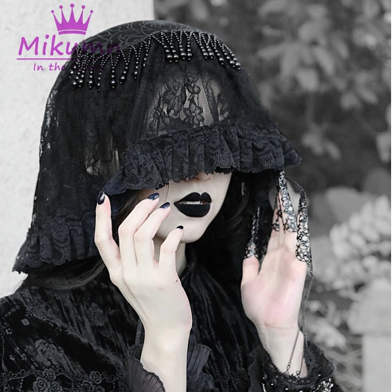 Gothic Schwarz Spitze Perlen Schleier Haarband Lolita Cosplay Headwear Kostüm Zubehör Image