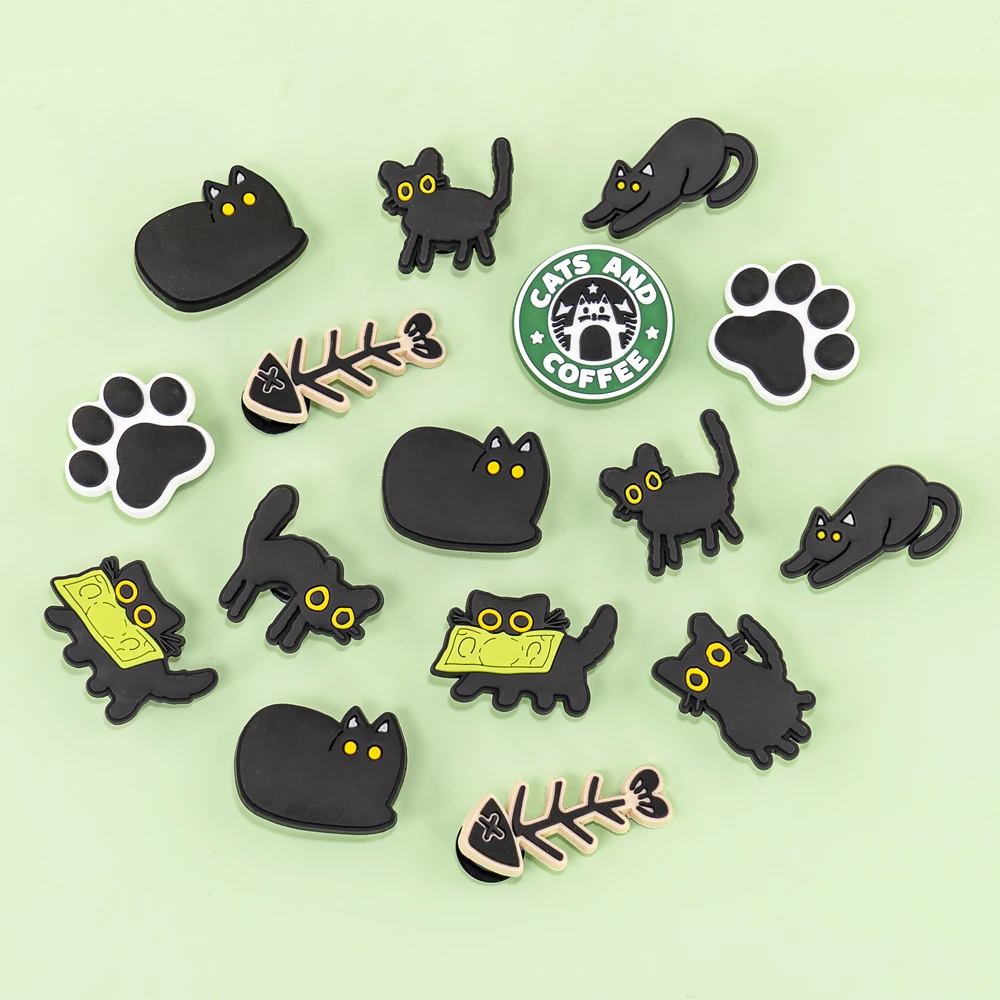 1/9 Stück PVC Schwarze Katze Schuh Charms für Kinder Frauen Männer Katzenpfote Schuh Dekorationen Pins für Clog Schnallen Sandalen Zubehör