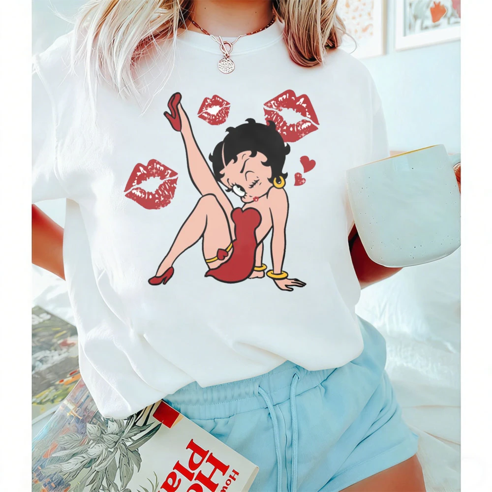 Betty Boop Sexy Style Series Bedrucktes T-Shirt, Betty Boop Lover Geschenk, modisches T-Shirt für Damen, Baumwolle, kurzärmelig, klassisches Cartoon-Shirt