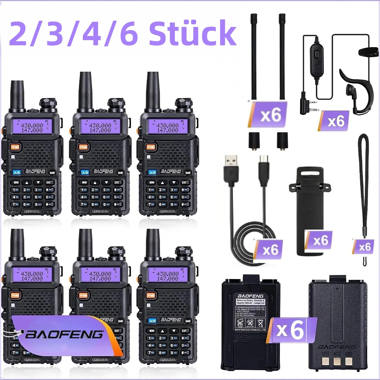 6/3 Stück Baofeng UV-5R 5W UHF/VHF Langstrecken-Dualband-Walkie-Talkie, leistungsstark, multifunktional für Jagd, Klettern, Wandern Image