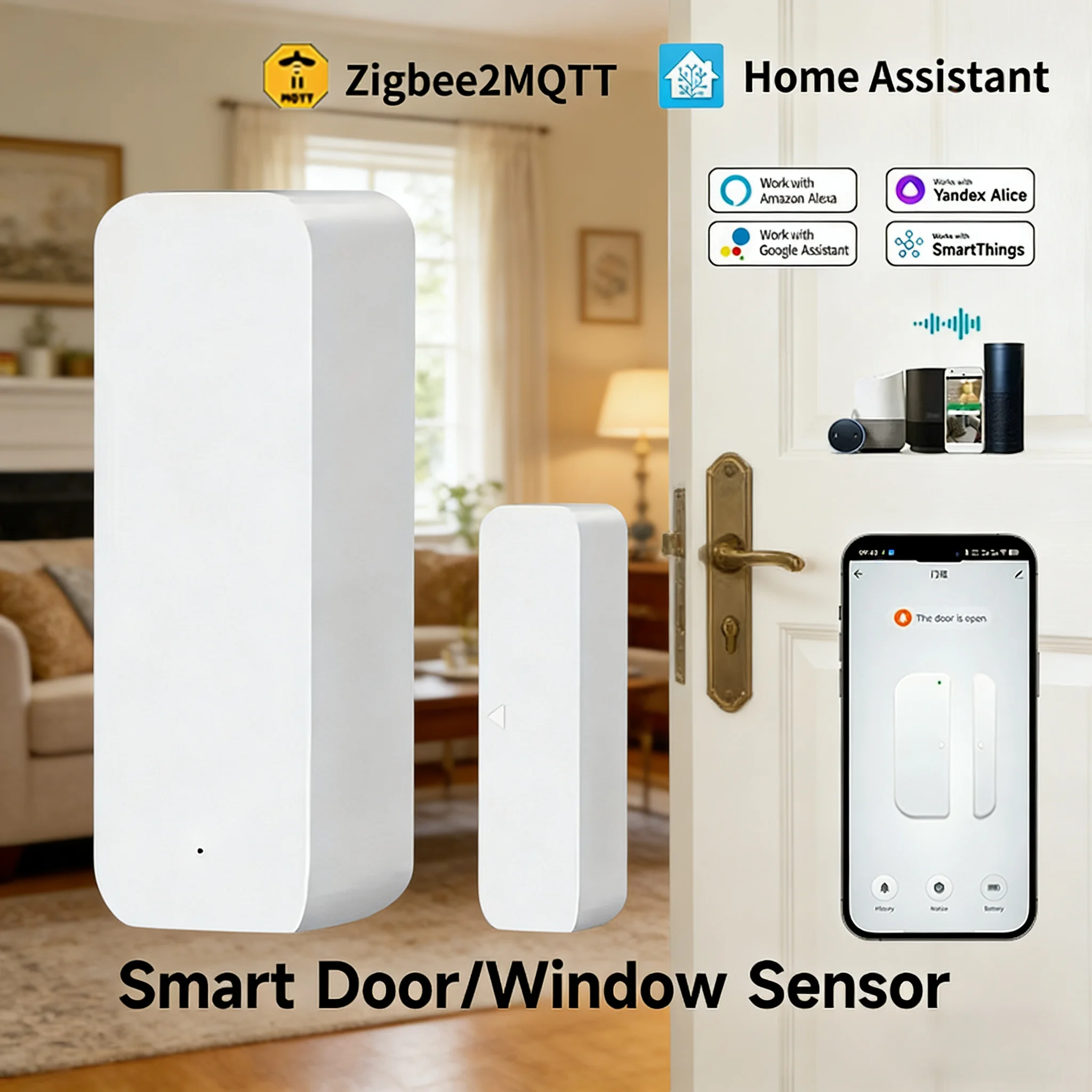 Tuya ZigBee3.0 2MQTT Tür- und Fenstersensor, kabelloser magnetischer Alarmmelder, Heimsicherheit, Diebstahlschutz, APP-Steuerung, funktioniert mit Alexa Image