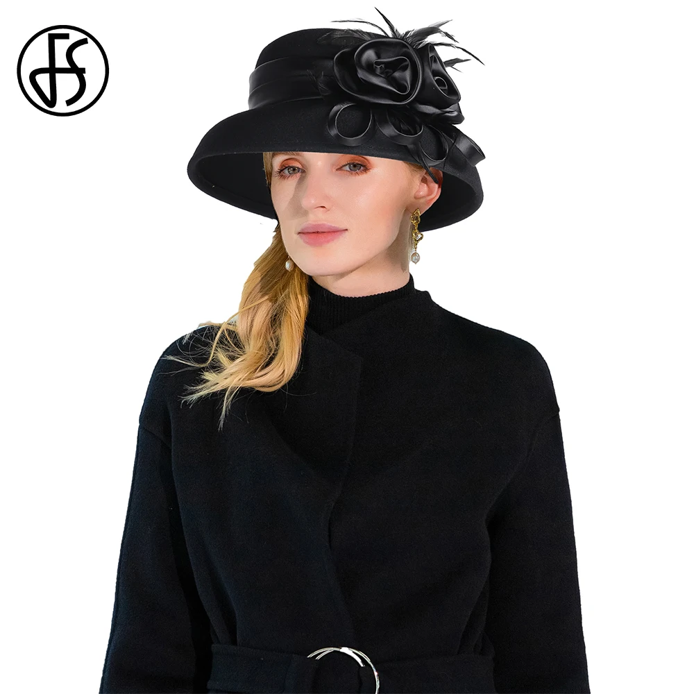 FS Schwarze Woll-Kirchenhüte mit flachem Oberteil und Feder, Vintage-Hochzeitshut für Damen, formelle Kleidung, Teeparty, Damenmütze, Sombrero 2025 Image
