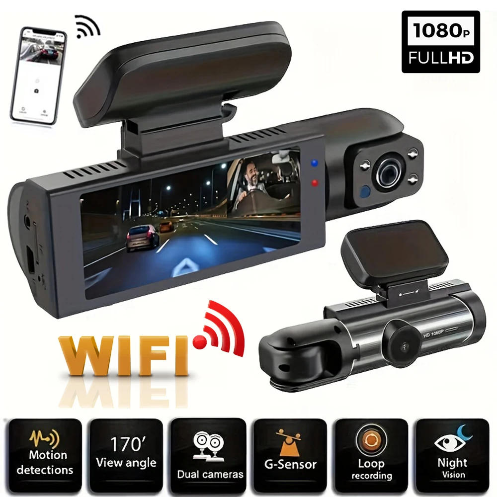 1080P WIFI Dual-Kamera-Dashcam für Autos, vorne und innen, Autokamera mit IR-Nachtsicht, Loop-Aufnahme, Weitwinkel-Auto-DVR kam Image