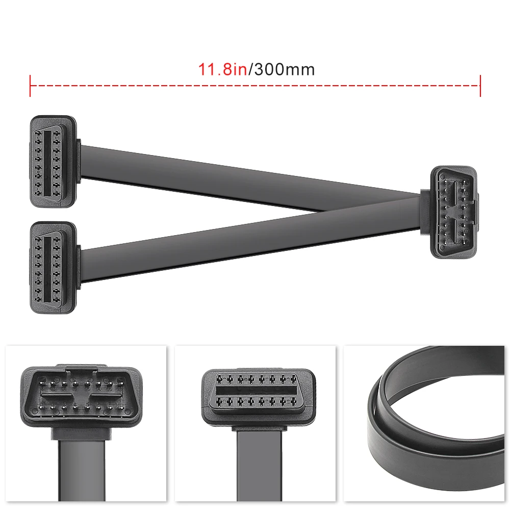 30CM OBDII Verlängerung Dual Connector Y Splitter OBD2 16PIN Stecker auf Buchse Verbindung Flach + Dünn als Nudel Verwendung mit ELM327 Image