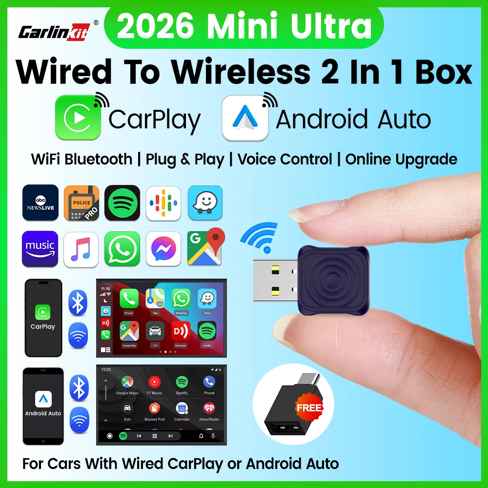 Kabelgebundener zu kabelloser CarPlay/Android-Auto-Adapter, 5 GHz WiFi5, USB/Typ-C-Plug-and-Play, für 99 % original kabelgebundene CarPlay/Auto-Autos Image